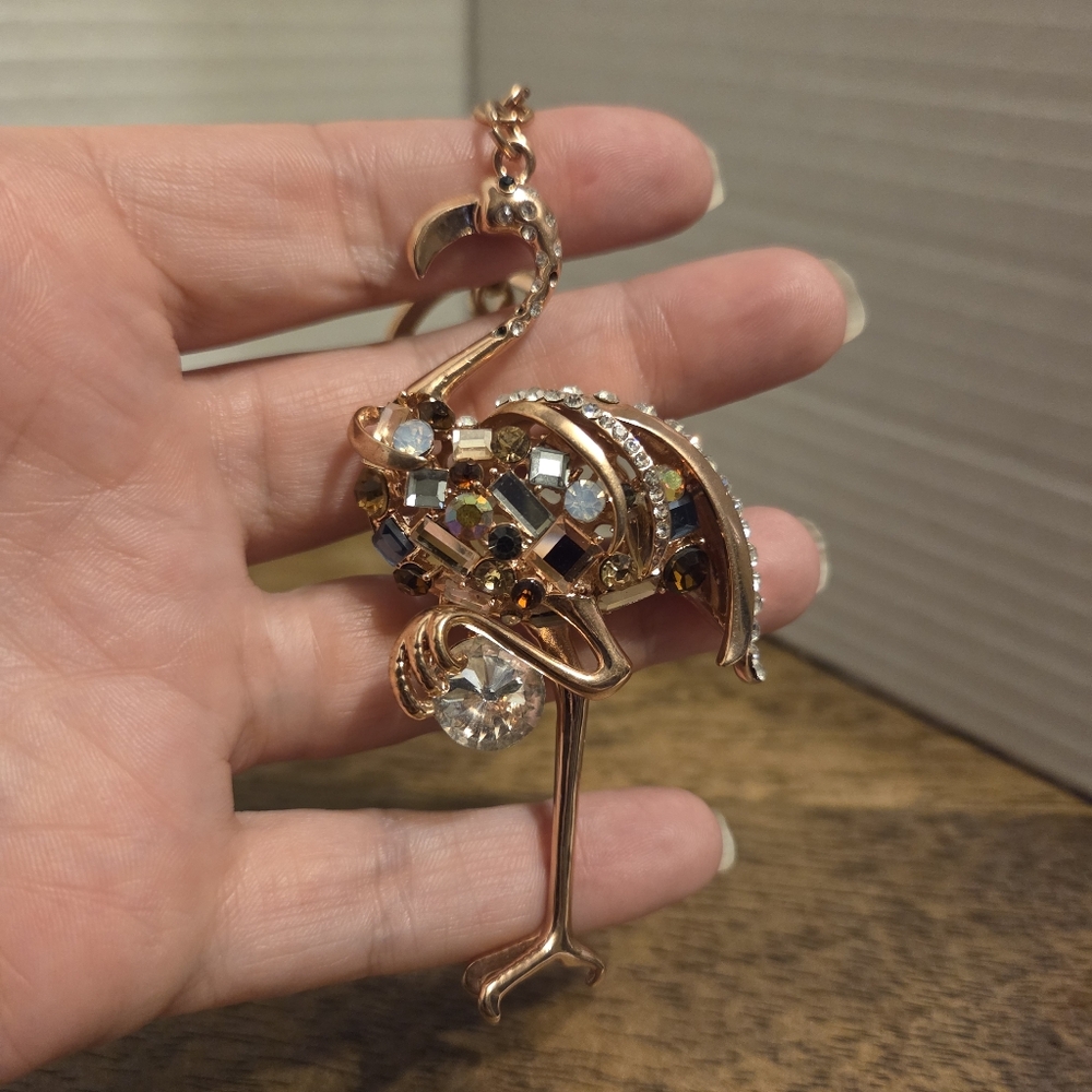 Vintage Flamingo Rhinestone Rose Gold Tone Pendant Purse Charm Key Chain
